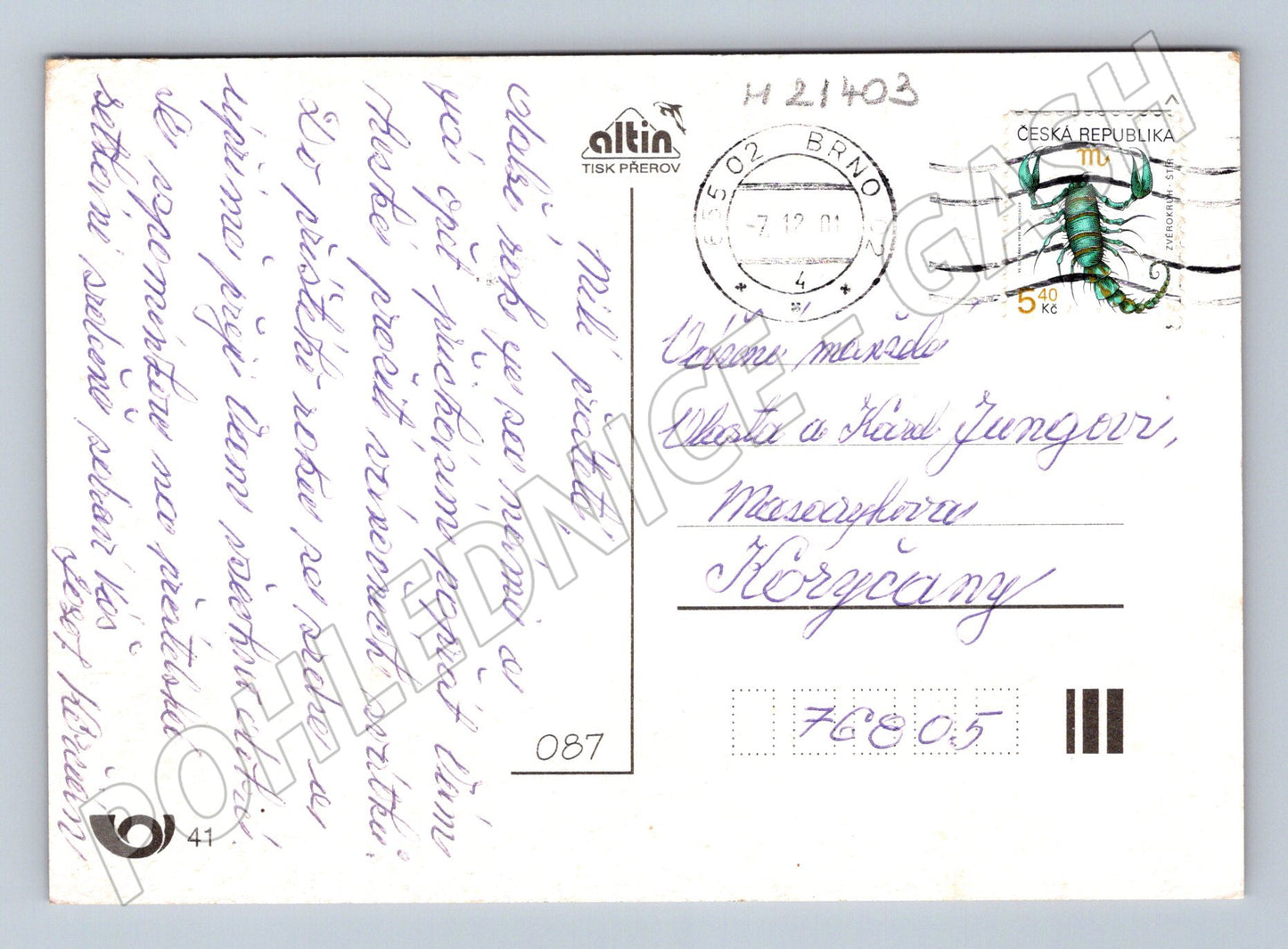 Pohlednice vánoční zimní krajina razítko 2001 (M21403)