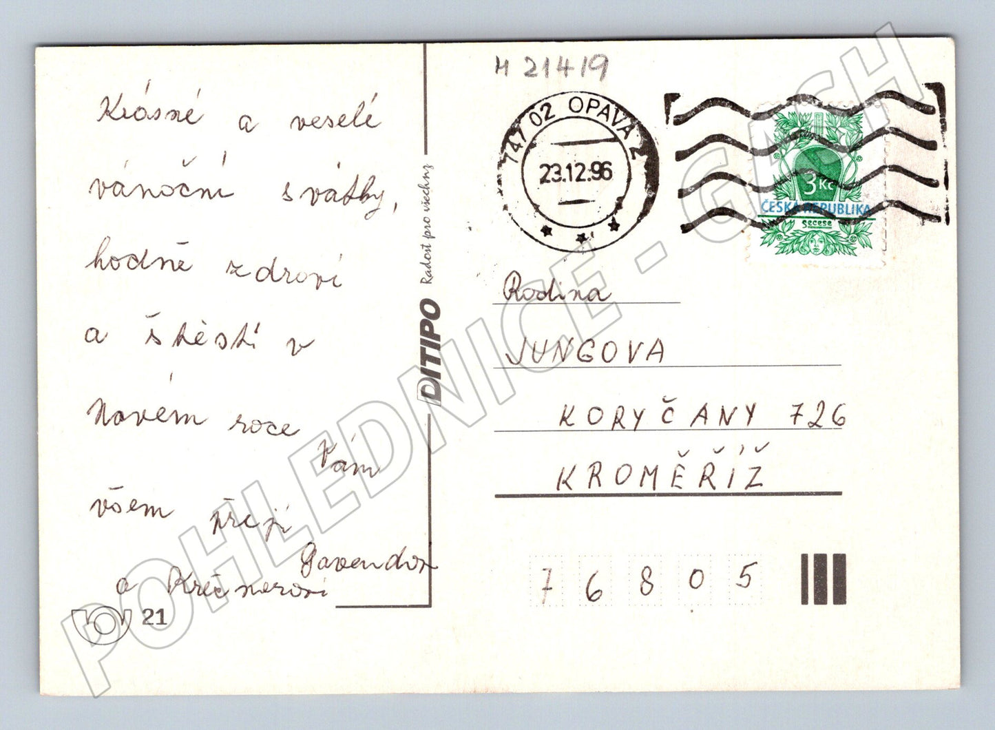 Pohlednice vánoční svíčky přání razítko 1996 (M21419)