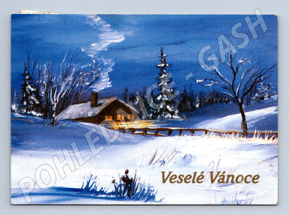 Pohlednice Veselé Vánoce chalupa ve sněhu (M21479)