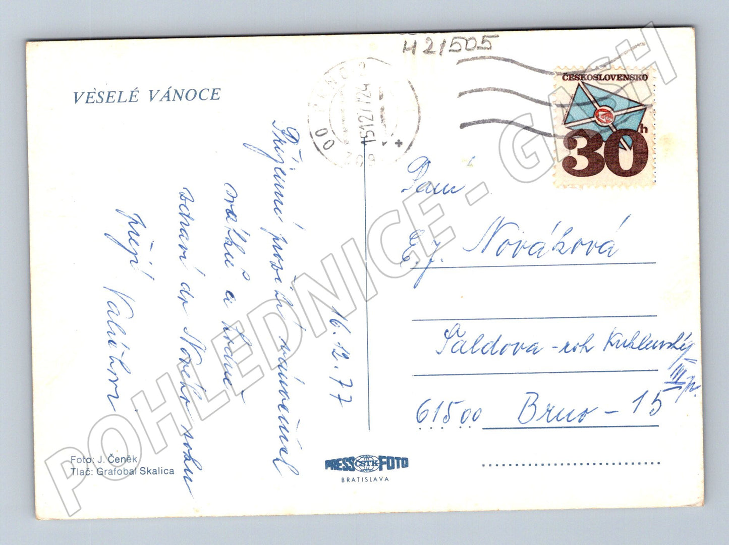 Pohlednice vánoční svícen věnování známka 1977 (M21505)