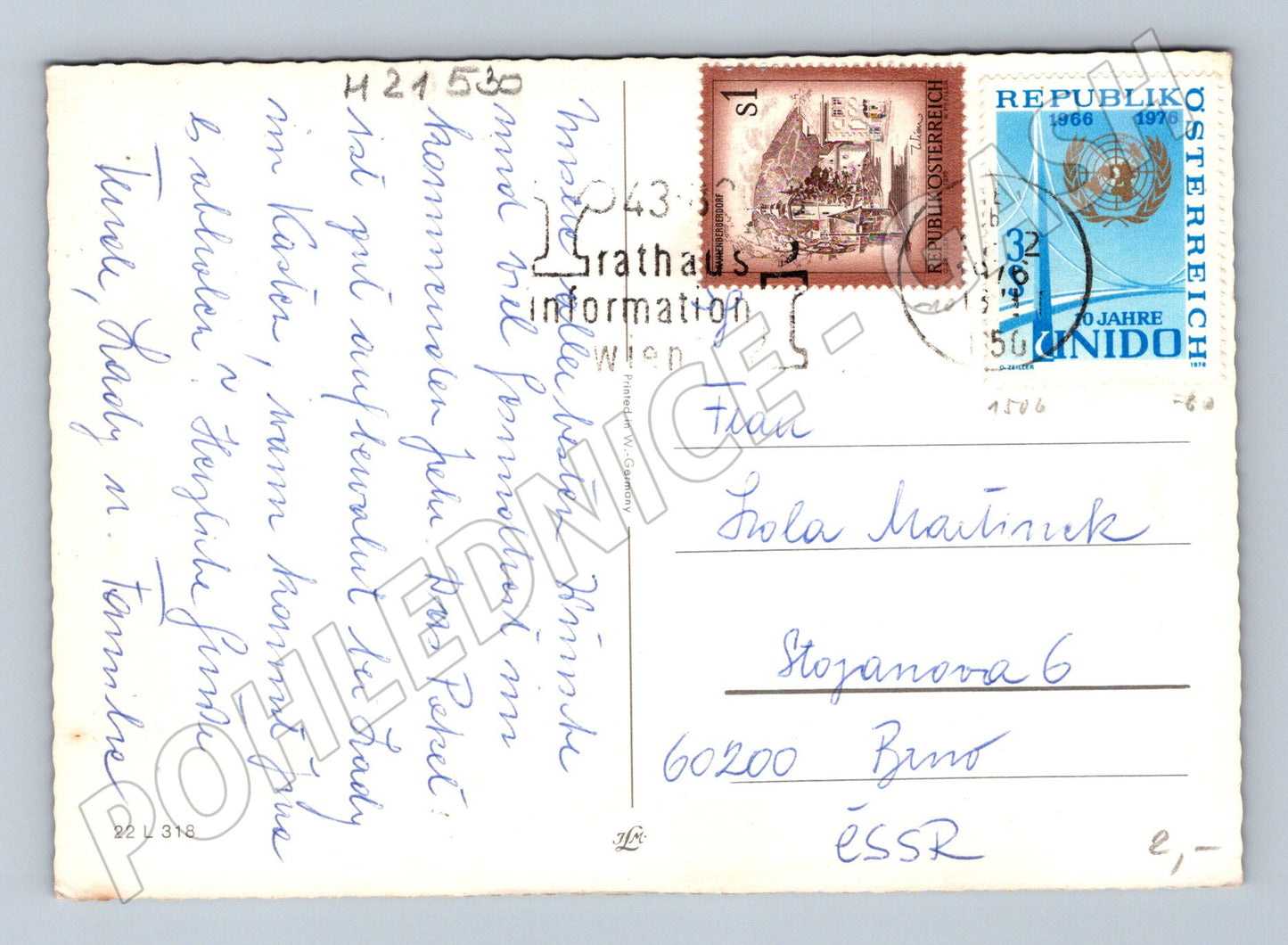 Pohlednice vánoční z Rakouska do Brna 70. léta (M21530)