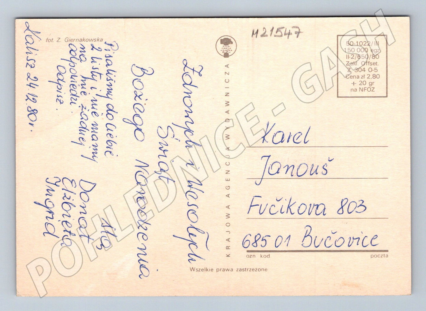Pohlednice vánoční Polsko 1980 svíčka větvičky (M21547)