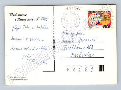 Pohlednice vánoční svíčky ozdoby věnování 1985 (M21549)