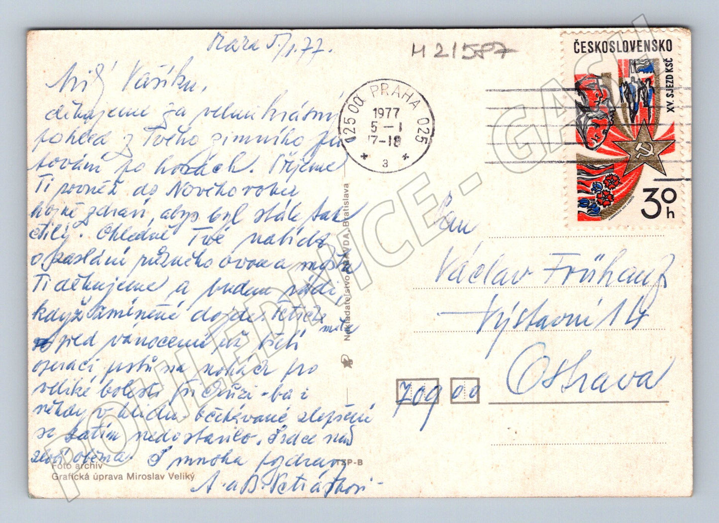 Pohlednice PF 1977 hodiny použité známka (M21587)