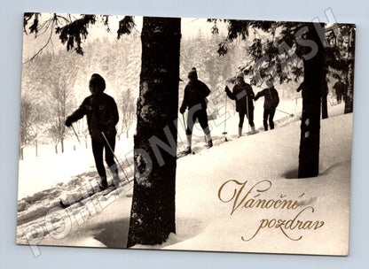 Pohlednice vánoční lyžaři 1975 (M21598)