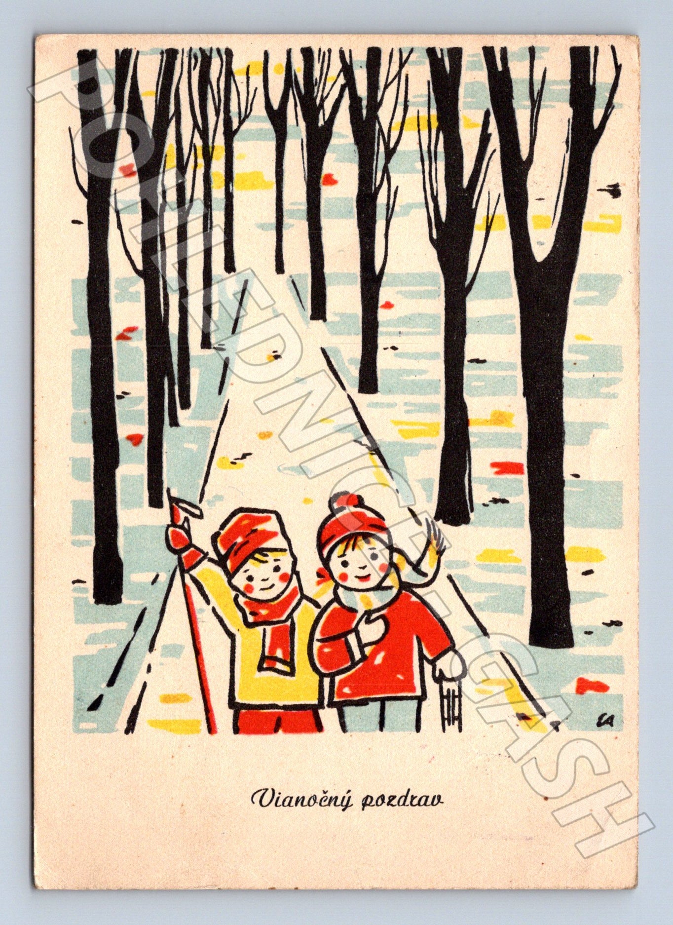 Pohlednice vánoční děti na saních 1963 (M21615)