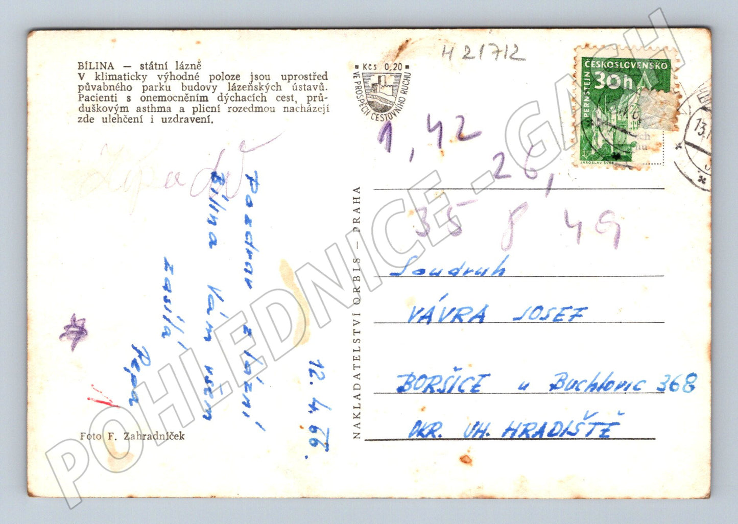 Pohlednice Bílina lázně 1962 (M21712)
