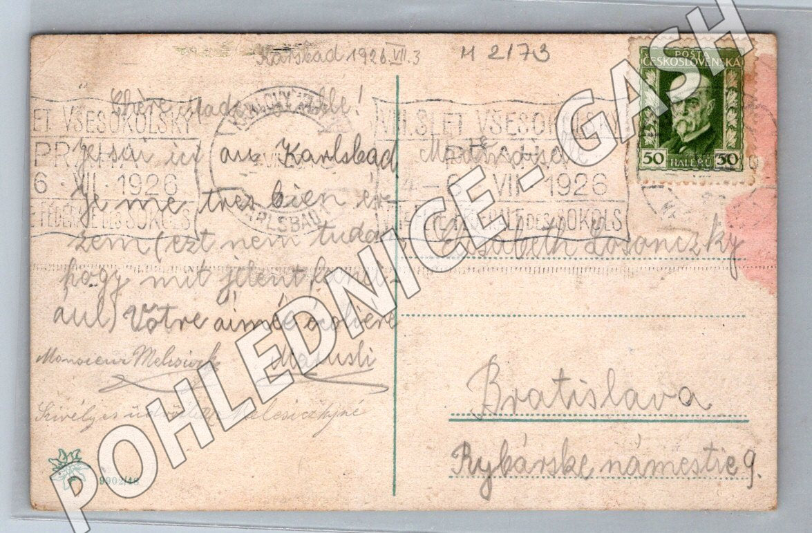 Pohlednice Karlovy Vary  rozhledna Freundschaftshöhe 1926 (M2173)