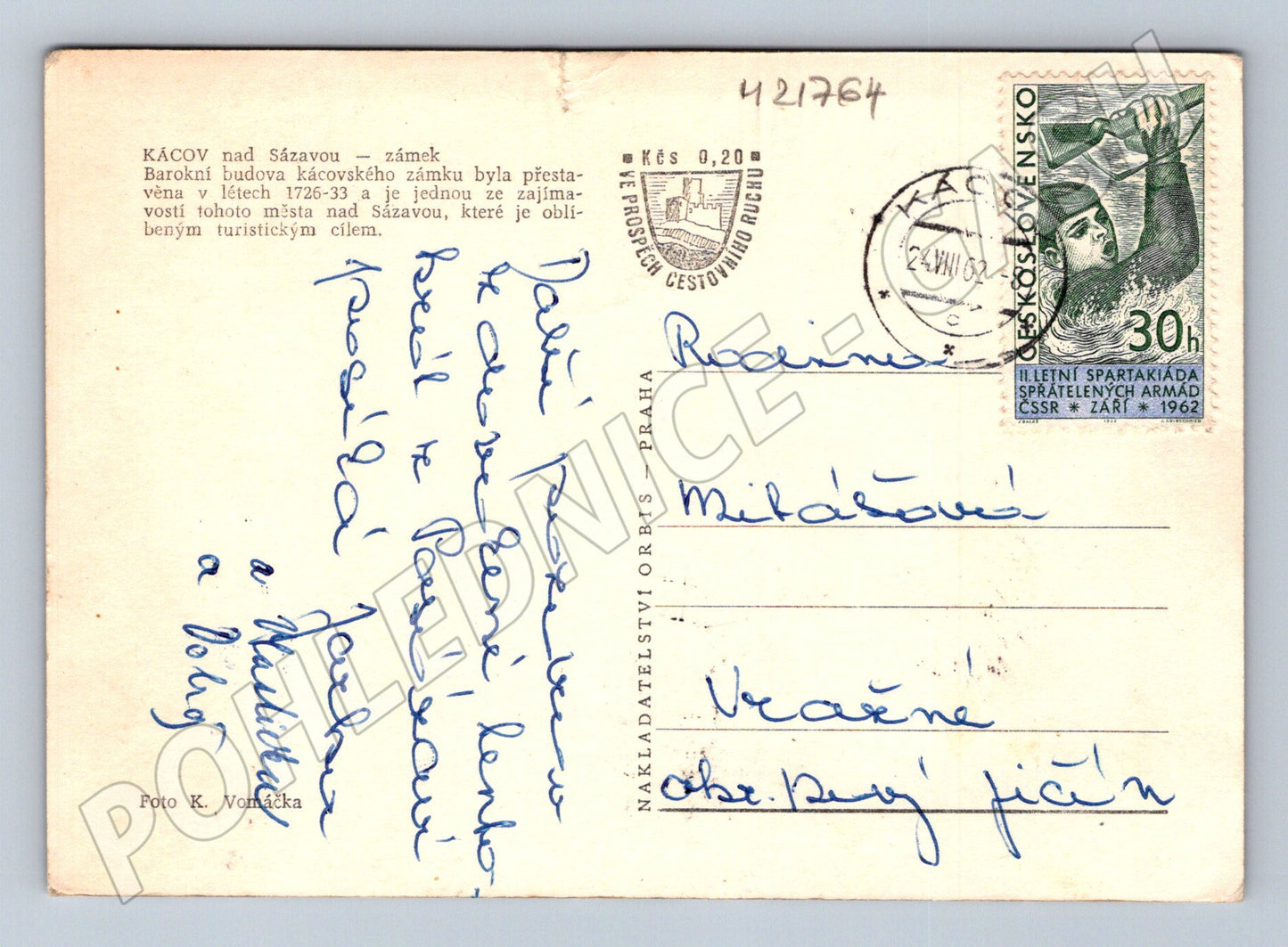 Pohlednice Kácov zámek 1962 (M21764)