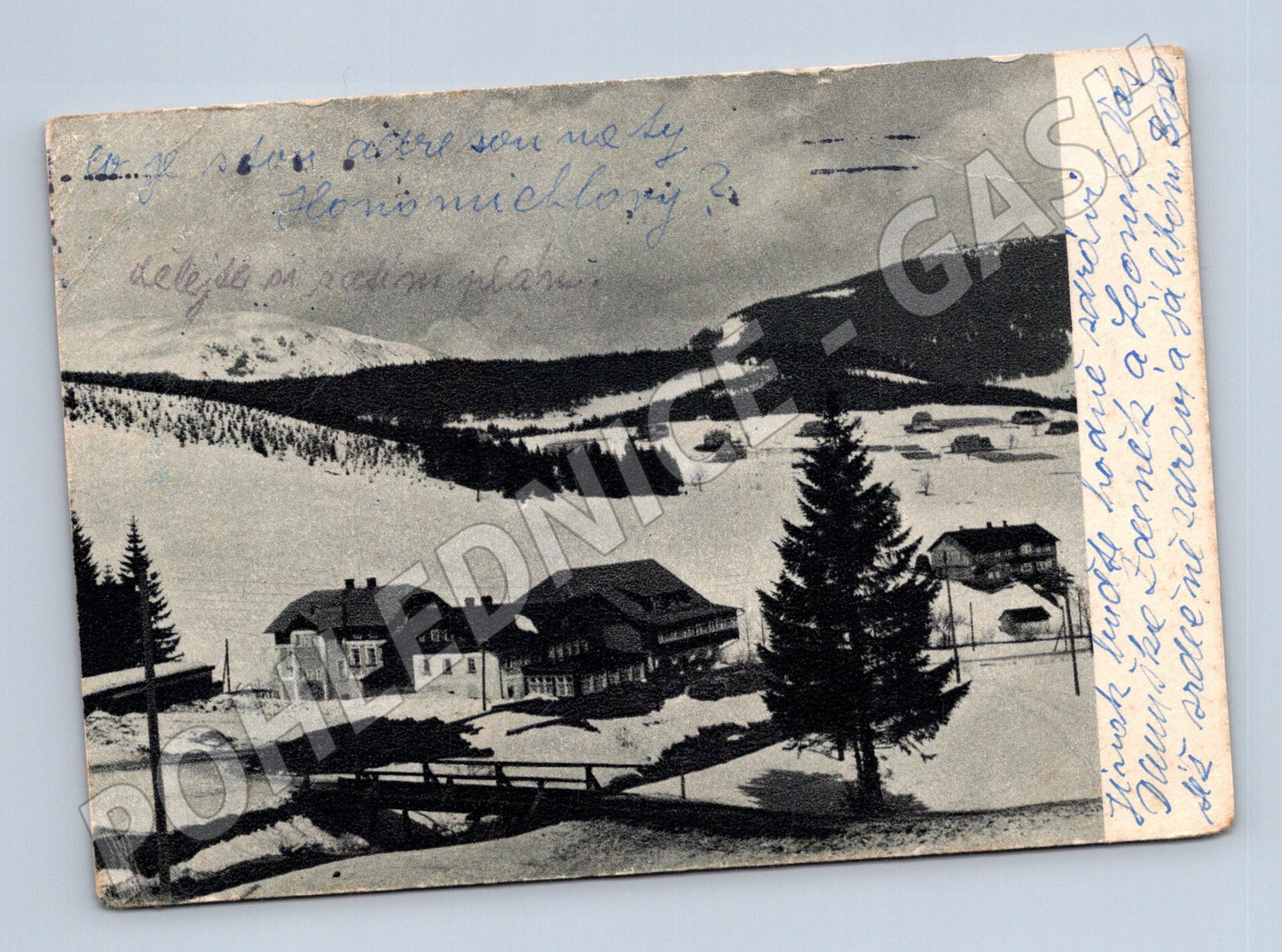 Pohlednice zasněžená krajina chalupy 1919 (M21803)