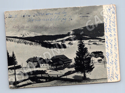 Pohlednice zasněžená krajina chalupy 1919 (M21803)