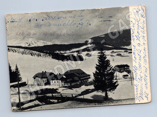 Pohlednice zasněžená krajina chalupy 1919 (M21803)