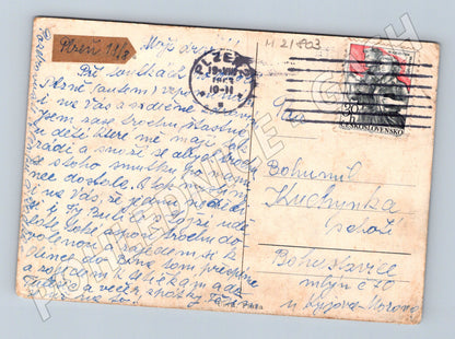 Pohlednice zasněžená krajina chalupy 1919 (M21803)