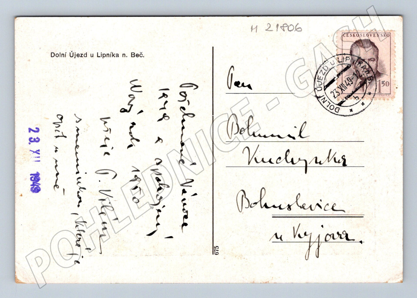 Pohlednice Dolní Újezd u Lipníka n. Beč. obecní pohled 1949 (M21806)