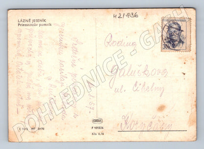 Pohlednice Lázně Jeseník Priessnitzův pomník 1957 (M21836)