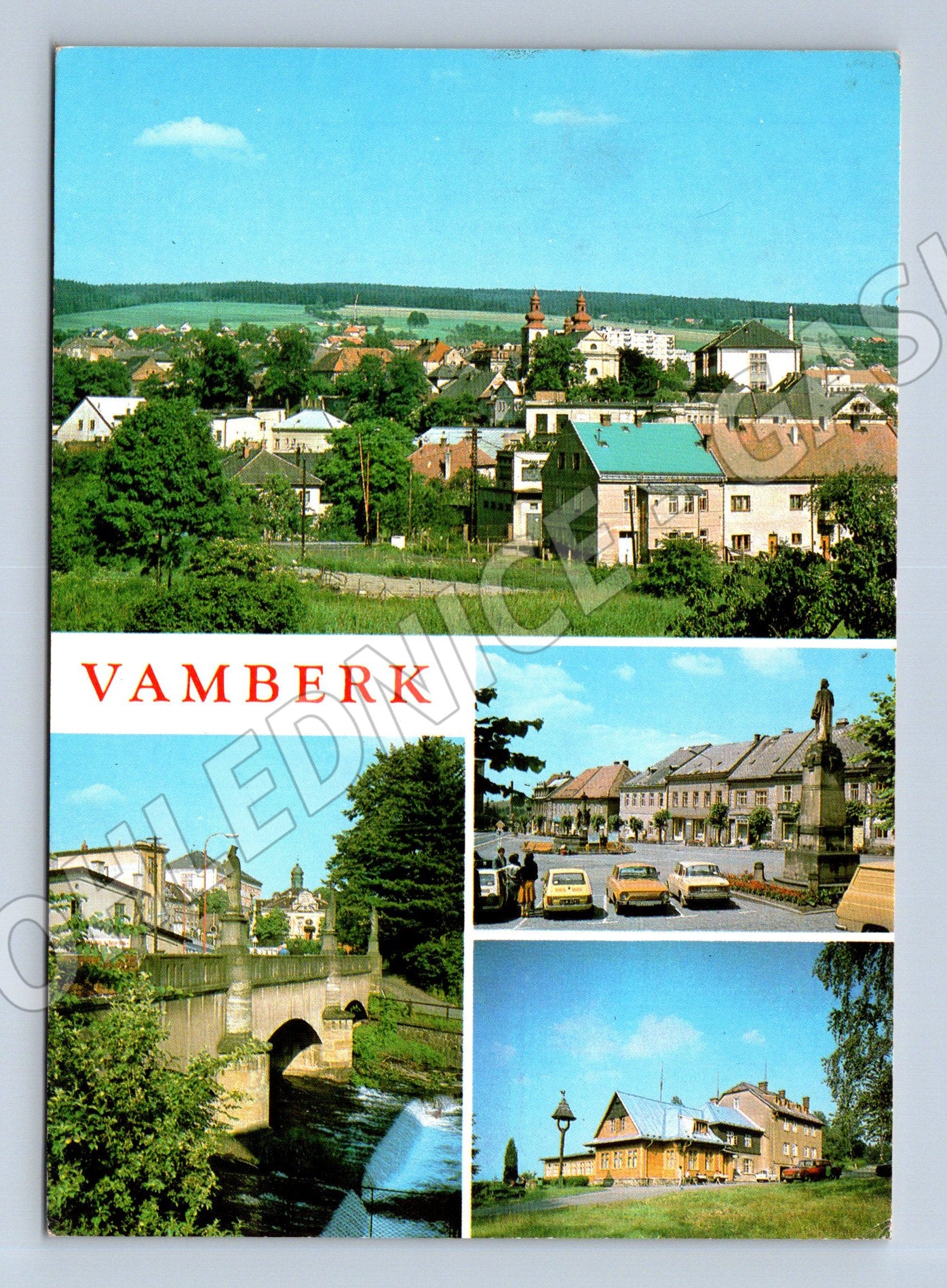 Pohlednice Vamberk celkový pohled, most, náměstí (M21874)