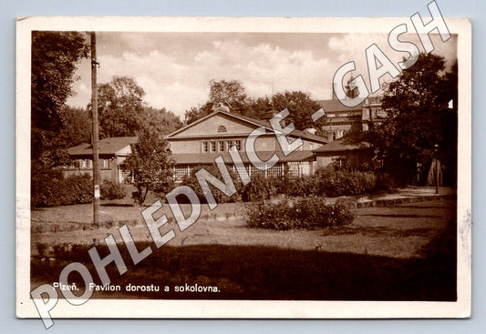 Pohlednice Plzeň Pavilon dorostu a sokolovna 1940 (M2189)