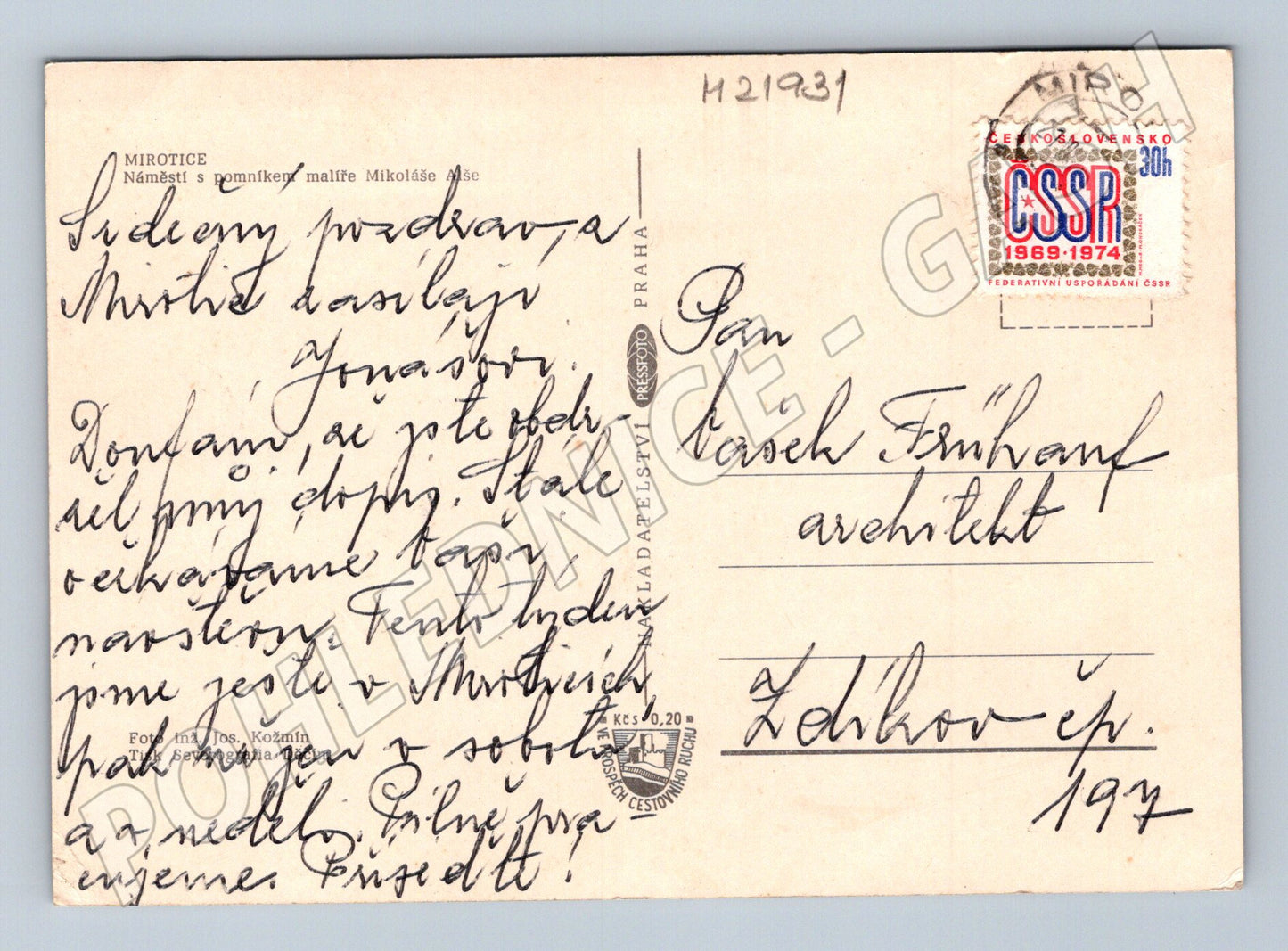 Pohlednice Mirotice náměstí s pomníkem Mikoláše Alše 197x (M21931)