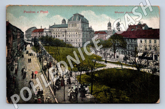Pohlednice Pozdrav z Plzně Městské divadlo kolorovaná 1911 (M2198)