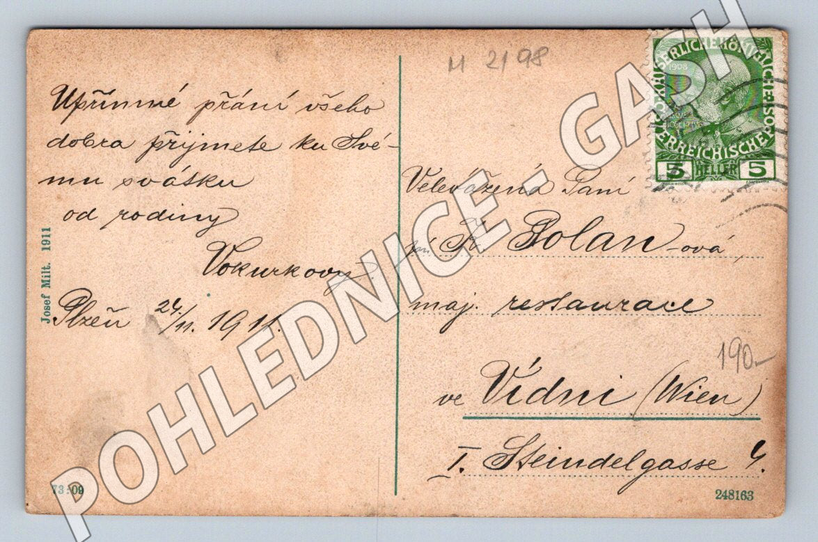 Pohlednice Pozdrav z Plzně Městské divadlo kolorovaná 1911 (M2198)