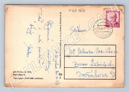 Pohlednice Jiří Trnka: ZIMA ptáci obloha 1947 (M22164)