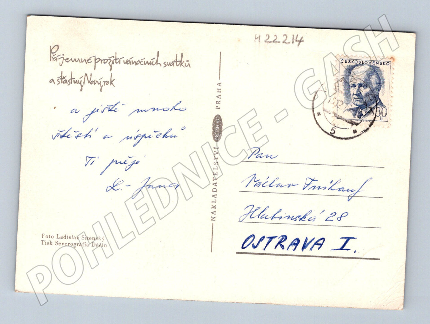 Pohlednice zasněžená krajina s chatou 1960 (M22214)