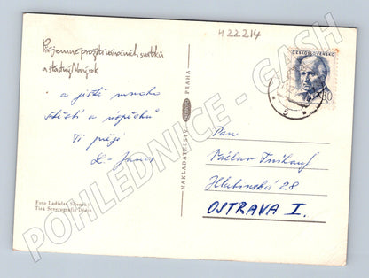 Pohlednice zasněžená krajina s chatou 1960 (M22214)