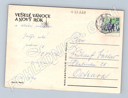 Pohlednice Vánoční motiv svíčka a jehličí 1970 (M22221)