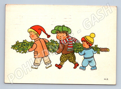 Pohlednice Tři děti nesou vánoční stromek 1967 (M22230)
