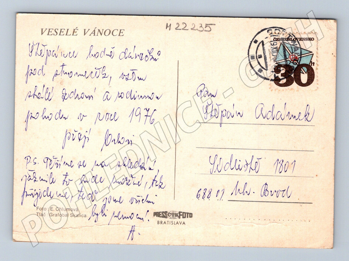 Pohlednice Vánoce sněhulák chlapec sáňky 1976 (M22235)