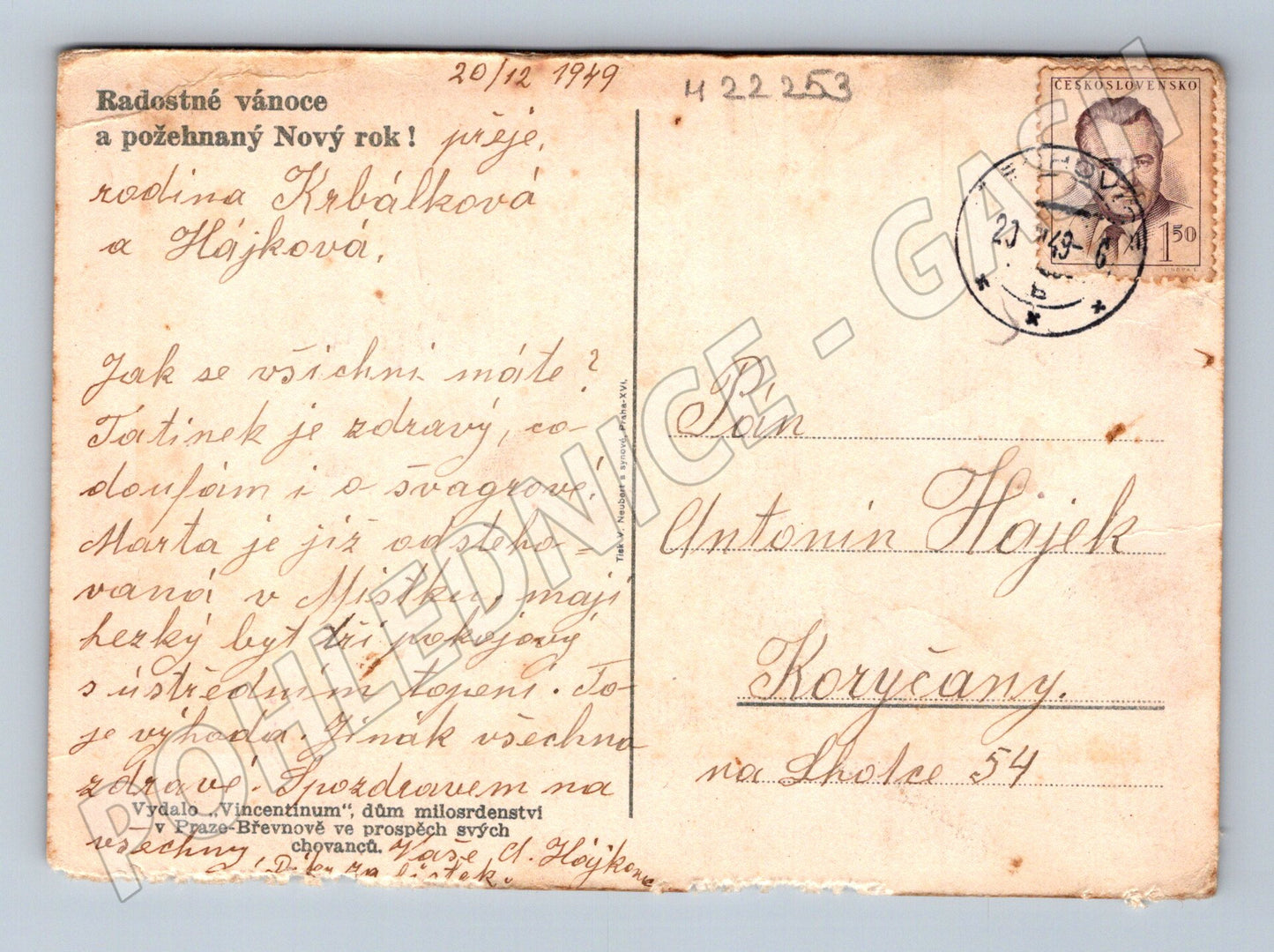 Pohlednice Vánoční motiv Narození Ježíše 1949 (M22253)