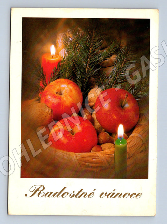 Pohlednice Radostné Vánoce s jablky a svíčkami (M22269)