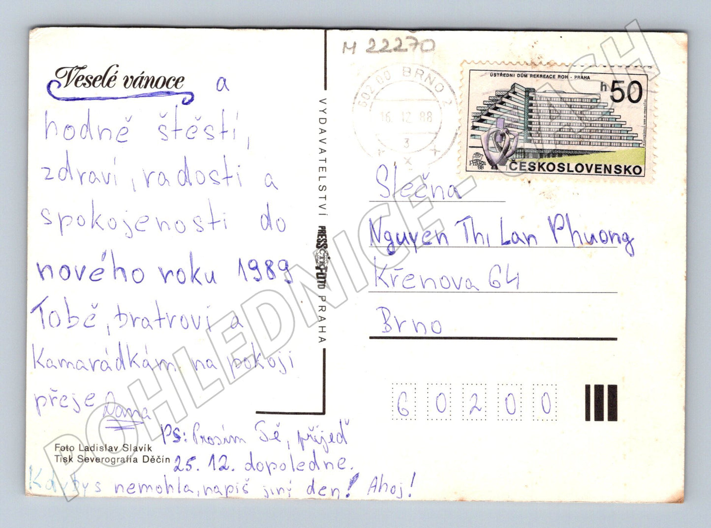 Pohlednice Vánoční motiv svíčka a ovoce 1988 (M22270)