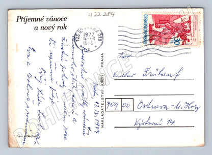 Pohlednice vánoční motiv stromek a svíčka 1977 (M22284)
