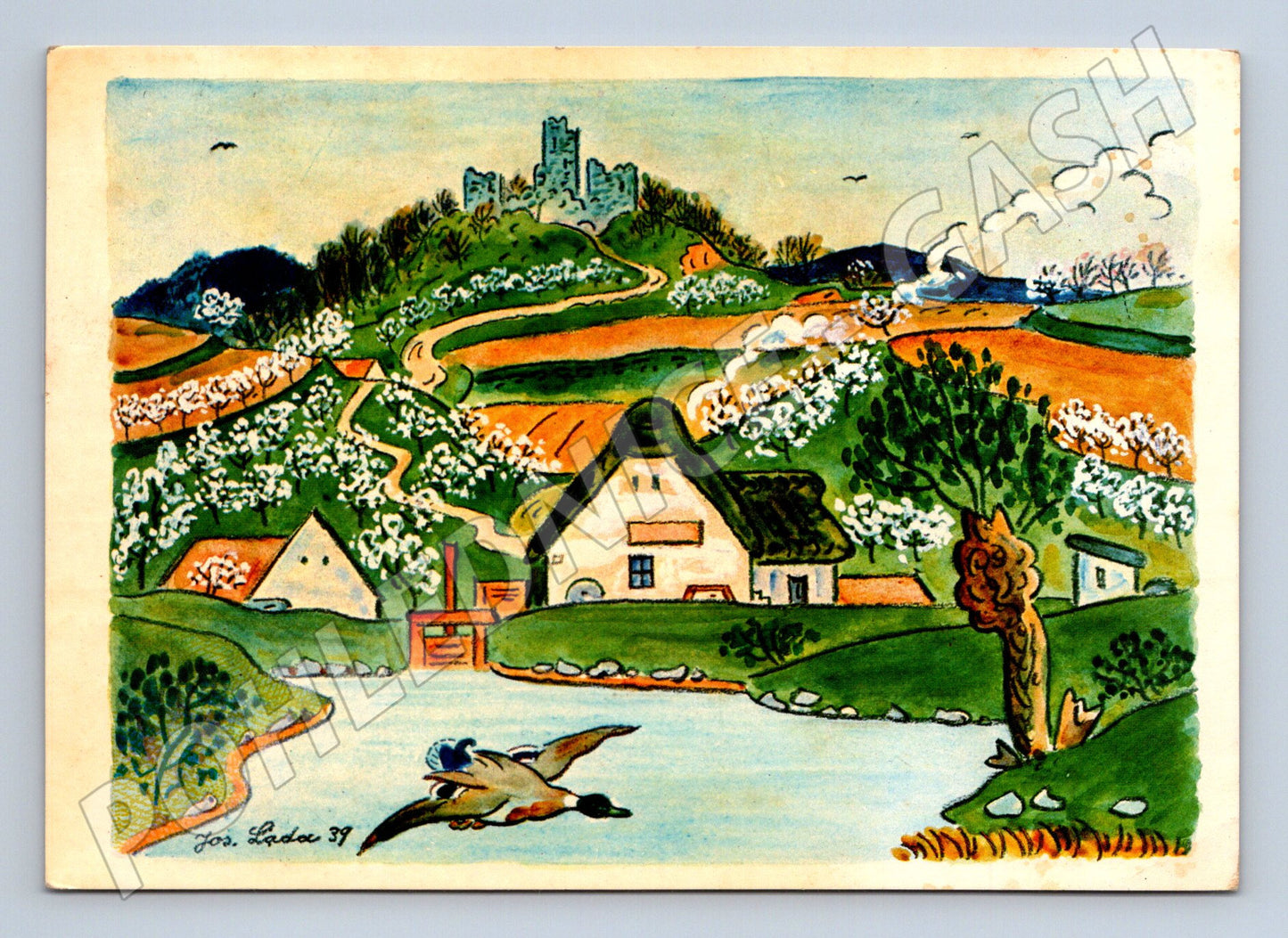 Pohlednice Josef Lada krajina s hradem a kachnou 1939 (M22311)
