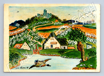 Pohlednice Josef Lada krajina s hradem a kachnou 1939 (M22311)