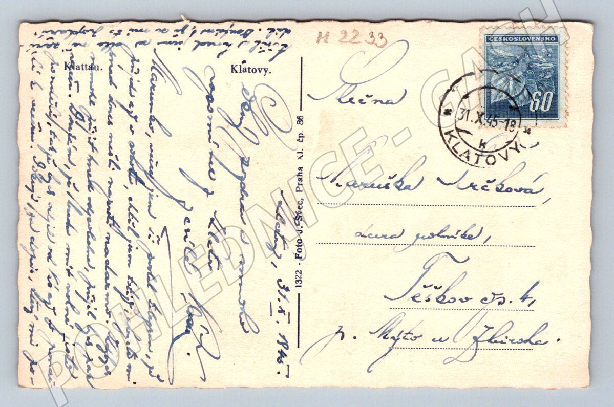 Pohlednice Klatovy Československo 1945 (M2233)