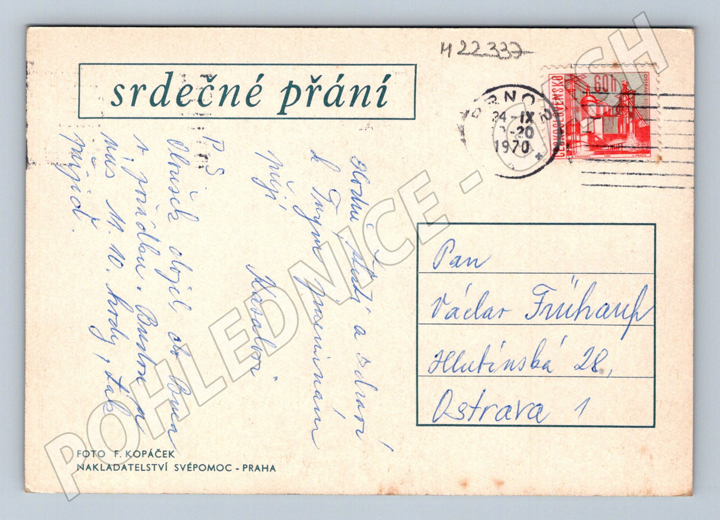Pohlednice Hvozdíky červený a bílý 1970 (M22337)