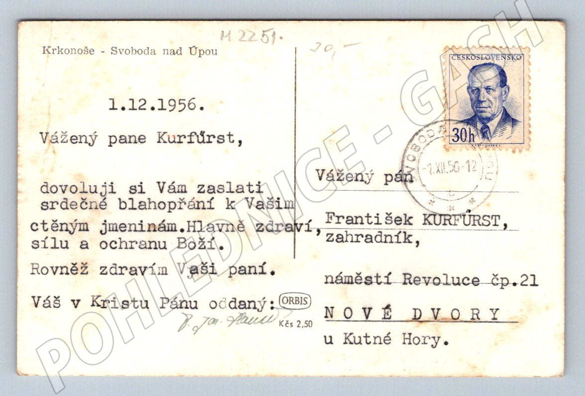 Pohlednice Krkonoše Svoboda nad Úpou 1956 (M2251)