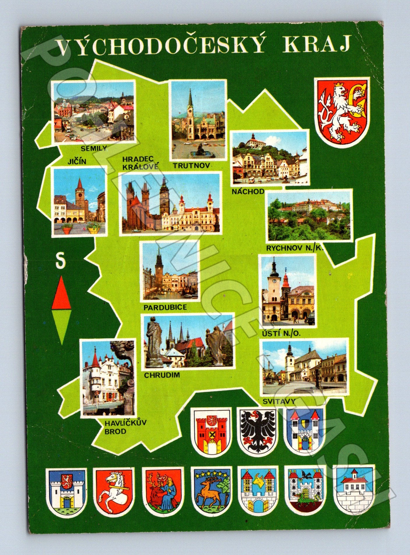 Pohlednice Východočeský kraj mapa měst a znaků 1993 (M22512)