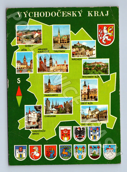 Pohlednice Východočeský kraj mapa měst a znaků 1993 (M22512)