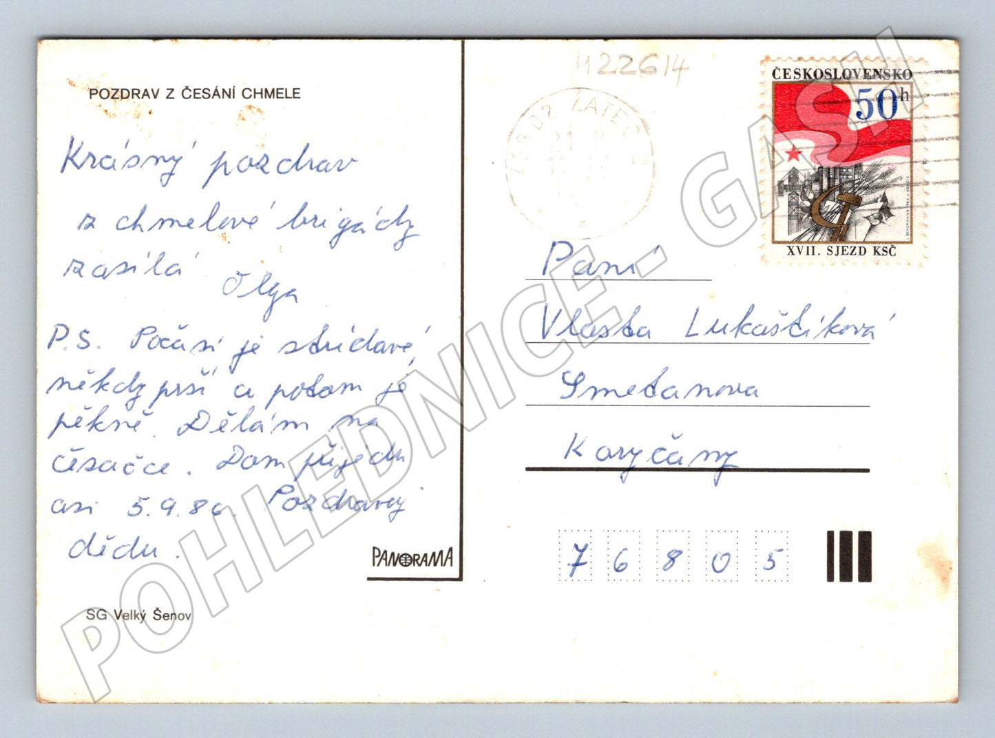 Pohlednice česání chmele 1986 (M22614)