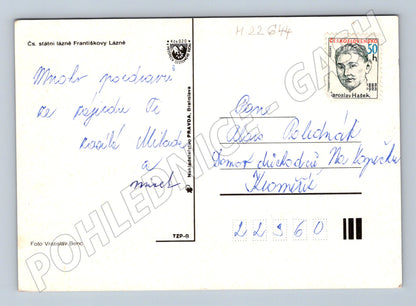 Pohlednice Františkovy Lázně socha a lázeňský dům 1960 (M22644)