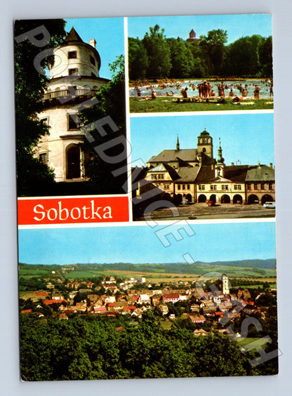 Pohlednice Sobotka zámek Humprecht, koupaliště, náměstí (M22649)