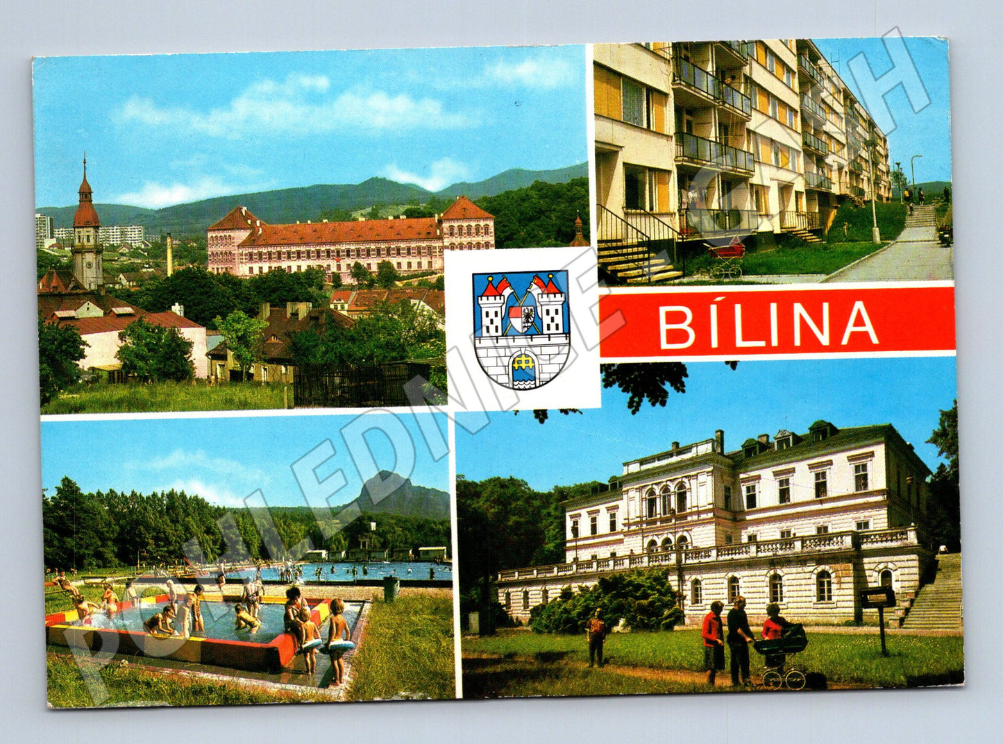 Pohlednice Bílina zámek, lázně, sídliště, koupaliště (M22652)
