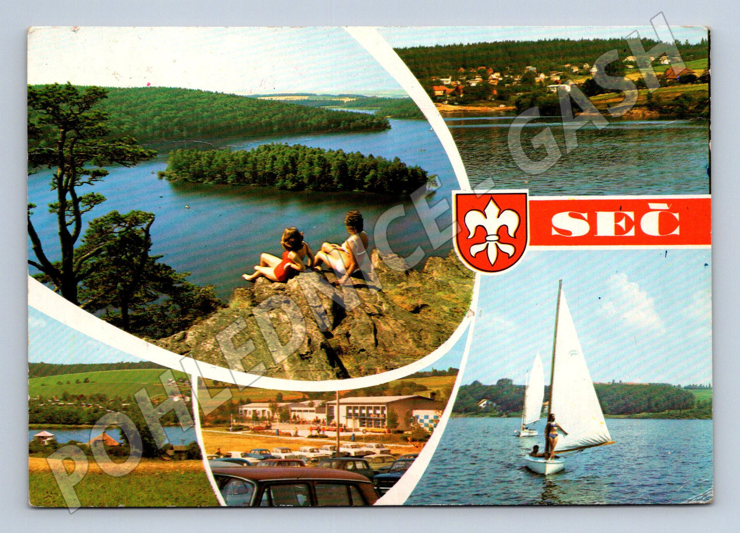 Pohlednice Seč přehrada koláž motivů 1976 (M22707)