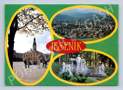 Pohlednice Jeseník náměstí, celkový pohled, pomníky (M22721)