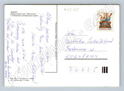 Pohlednice Jeseník náměstí, celkový pohled, pomníky (M22721)
