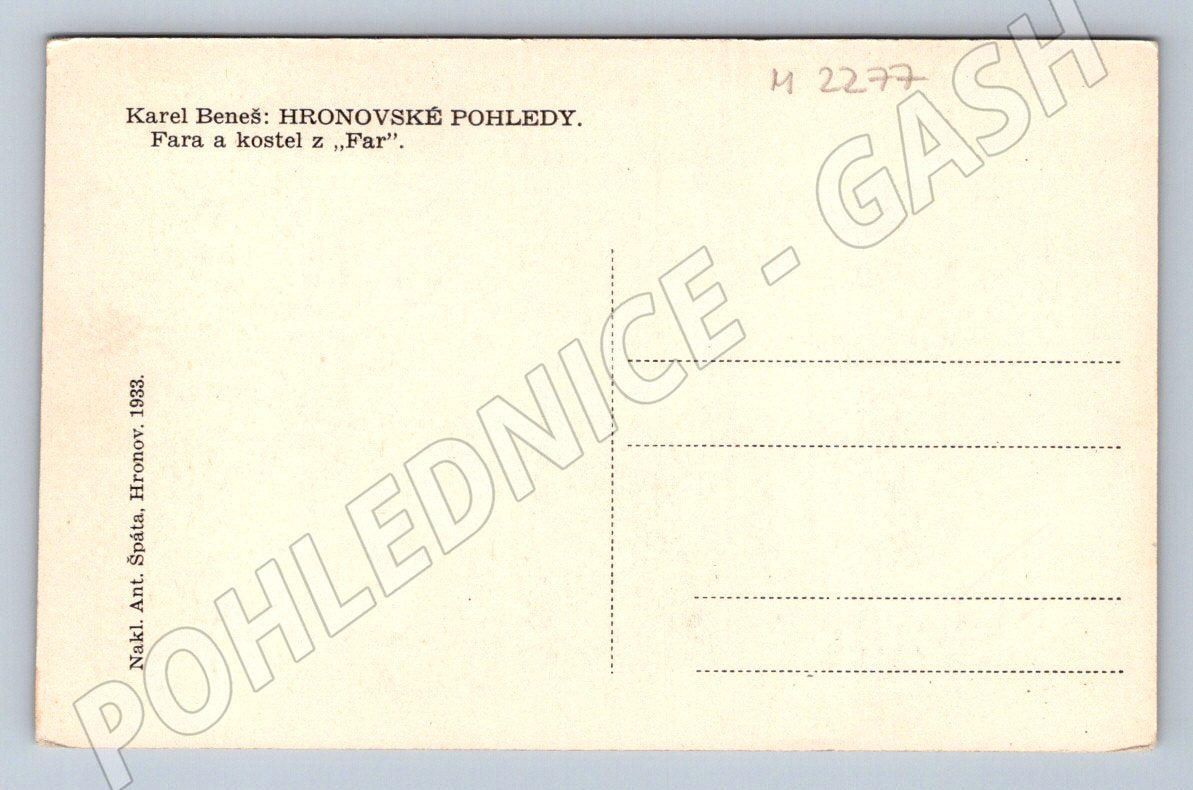 Pohlednice Hronov fara a kostel K Beneš 1933 (M2277)