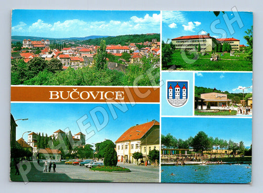 Pohlednice Bučovice celkový pohled škola koupaliště 196X (M22781)
